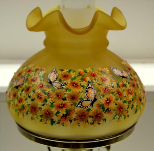 Fenton LAMP AUTUMN GOLD Satin ONE OF A KIND Violas Butterflies * OOAK FreeUSAshp