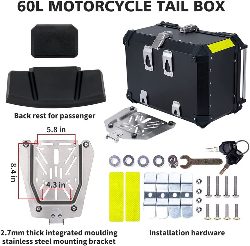 60L Motorcycle Hard Trunk 1.5Mm Thick Aluminum Rear Tour Luggage Storage Box