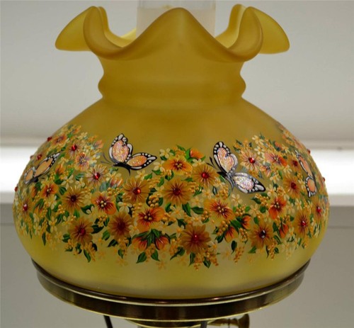 Fenton LAMP AUTUMN GOLD Satin ONE OF A KIND Violas Butterflies * OOAK FreeUSAshp