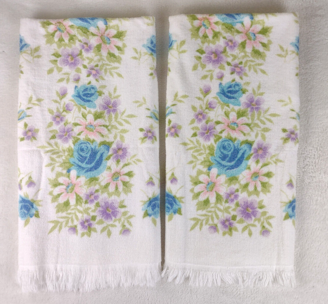 Vintage 50s 60s Springmaid Bath Towel Set of 2 White Pastel Floral Roses Fringed