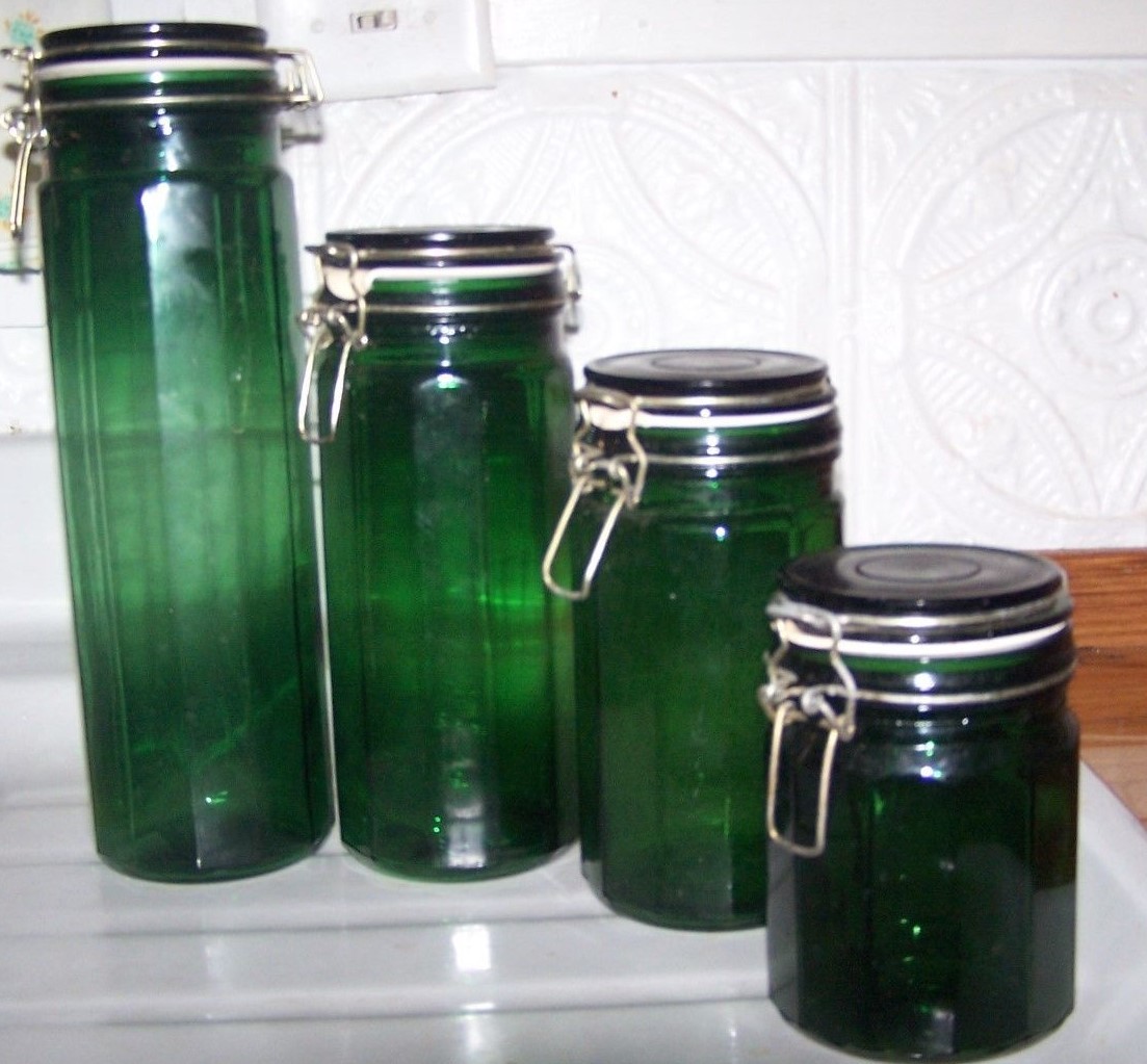 Set of 4 Jade Green Panel Glass Bale Wire Canisters