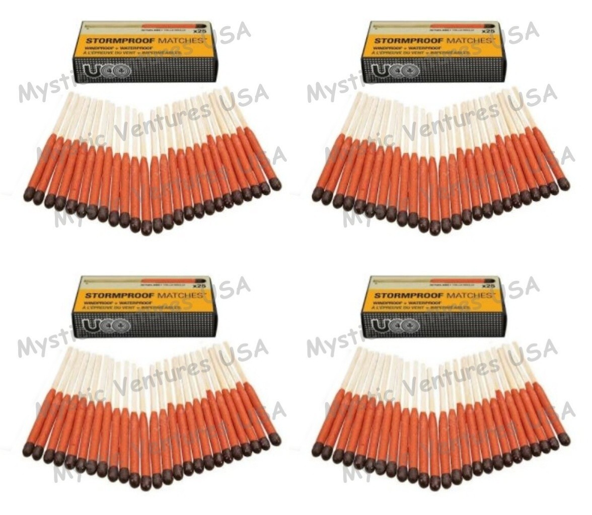 4x 25ct UCO STORM PROOF MATCHES W/STRIKERS 15 Sec. Burn Windproof STRIKE ON BOX!