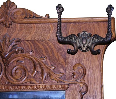 18272 Victorian Oak Bevel Glass Hall Tree Carved