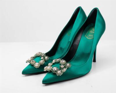 ROGER VIVIER Emerald Satin Flower Strass Decolleté Crystal
