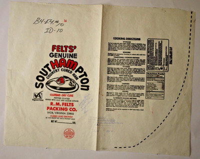 Vintage Paper Sack Bag - FELT'S SOUTHAMPTON HAM, R M FELTS, IVOR VIRGINIA. 2007
