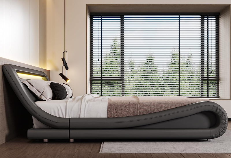 Upholstered Modern Bed Frame with LED Headboard/Mattress Foundation/No Box Sprin