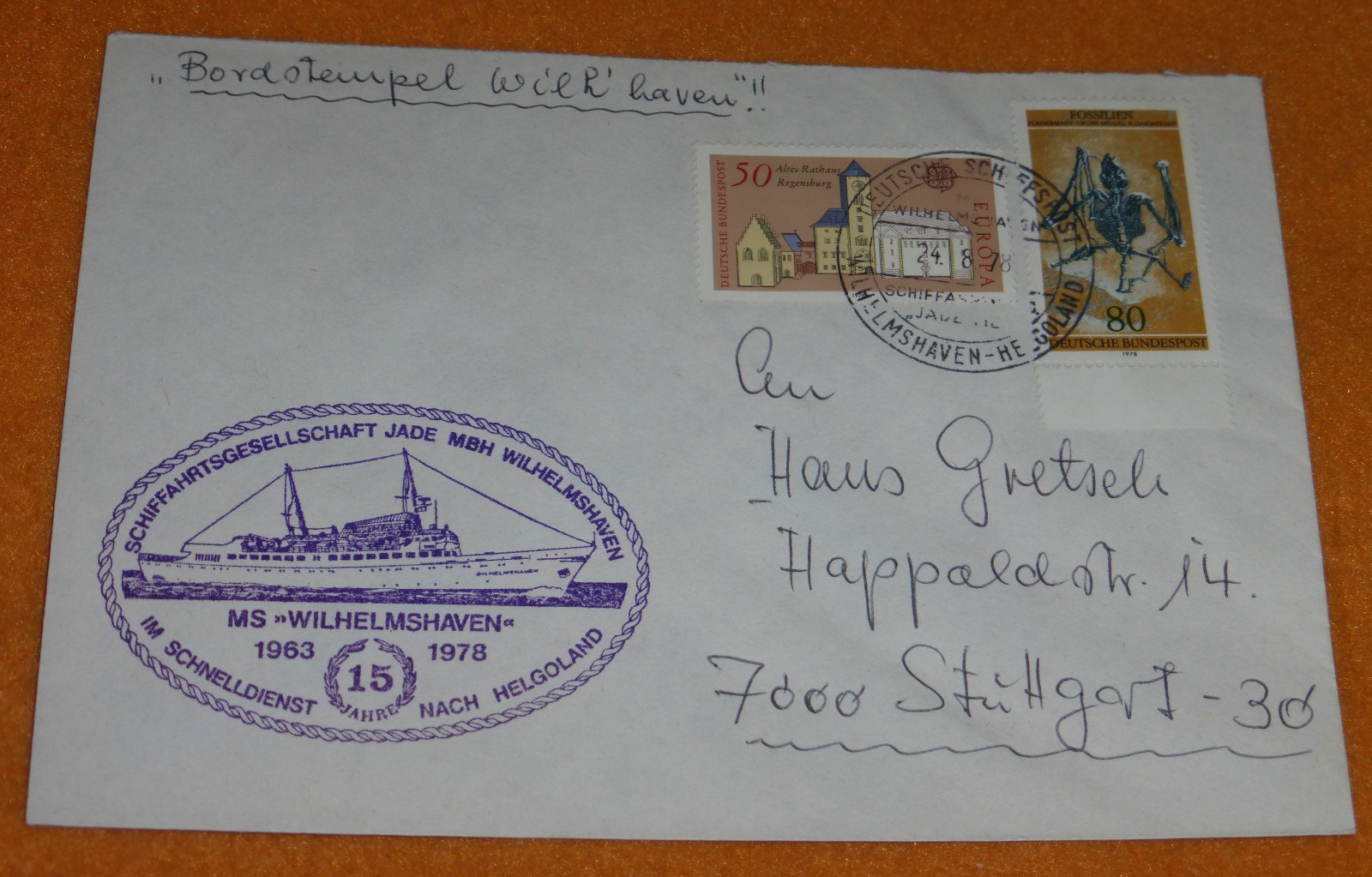 MS Wilhelmshaven Bordstempel Helgoland Schiffspost Brief Stuttgart 1978