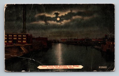 Grand River from Michigan Ave. Bridge Night Moonlight Lansing,MI Michigan