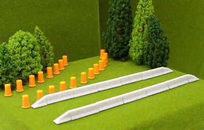 10 Jersey Barriers and 20 Orange Safety Barrels - HO Scale Train Road Pieces