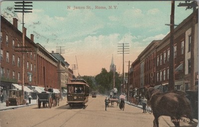 N. James St. Rome NY Postcard 1908 Trolley Streetcar Horse Carriages Street Scen