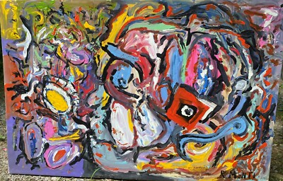 Rocco Monticolo, R Monti, 1931-2022, Oil/c LARGE BUSY ABSTRACT COLORFUL