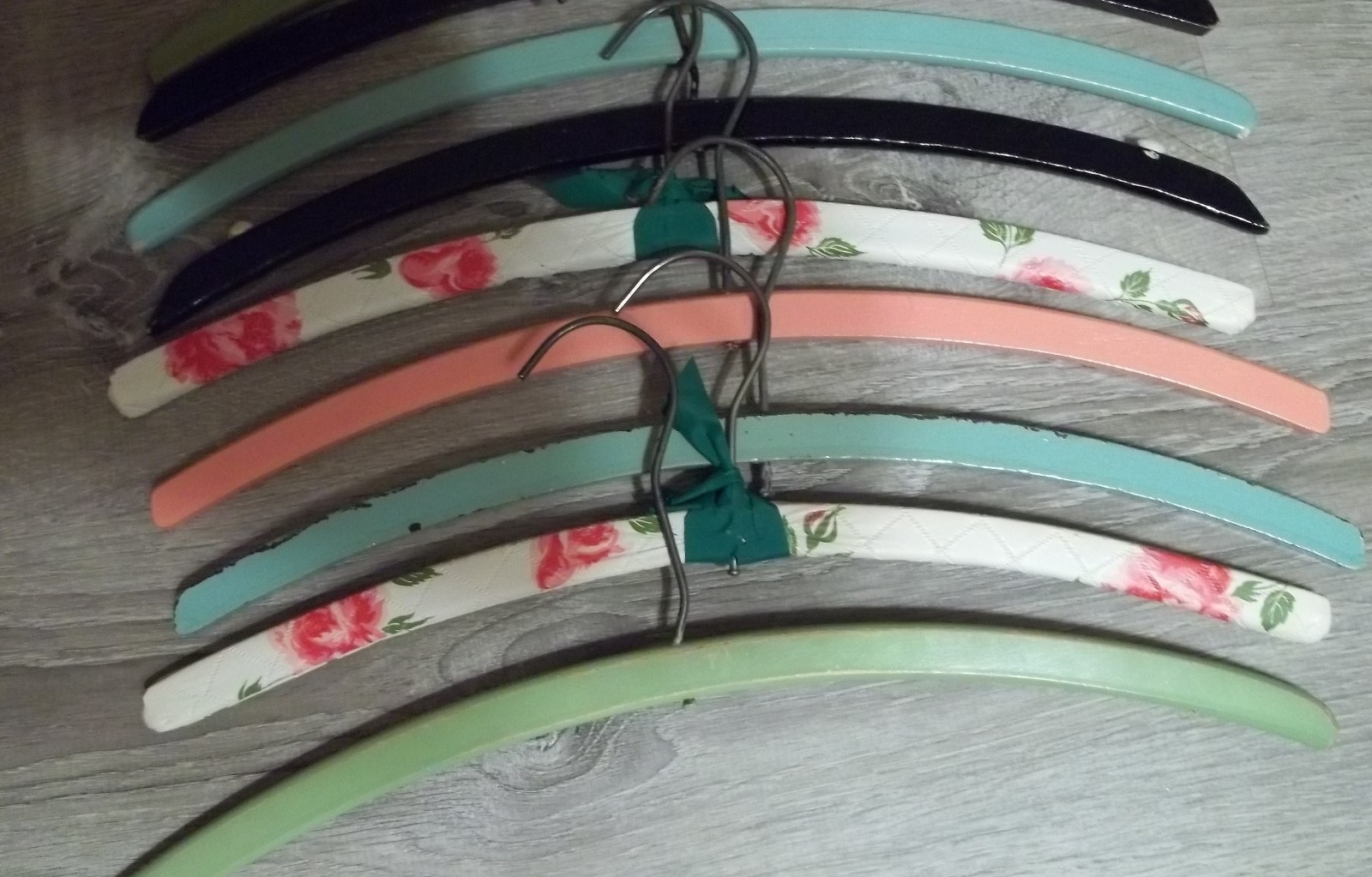 9- Vintage Wood Painted Clothing Hangers +  2 Quilted Hangers-  11 Hangers Total