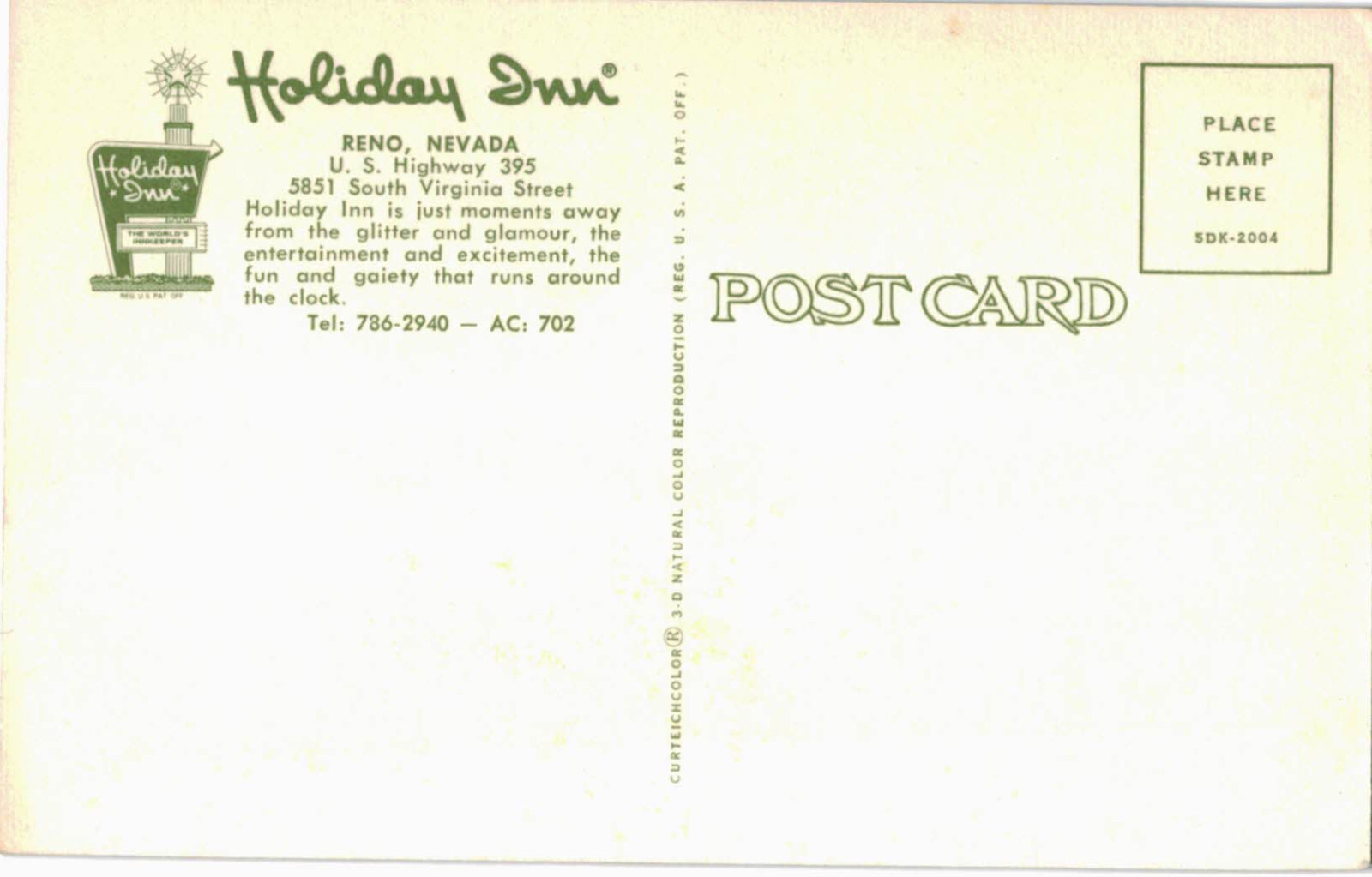Reno, Nevada Holiday Inn 1960s Vintage Postcard - Fountain at Night, Neon Sign