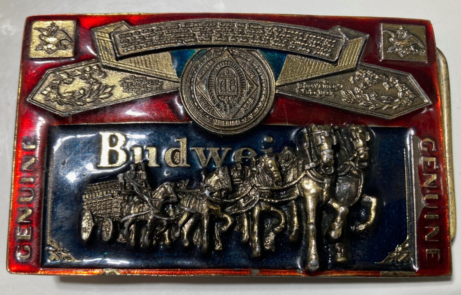 Vintage Budweiser Belt Buckle Red/BLACK Enamel Clydesdale