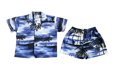 RJC Blue Hawaiian Shirt Short Set Made in Hawaii Beach Tropical Scene 18M NWT