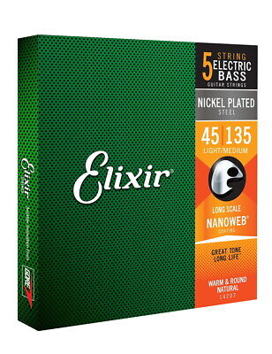 Elixir 14207 Nanoweb Nickel Electric 5 String Bass Set, Light/Medium 45-135