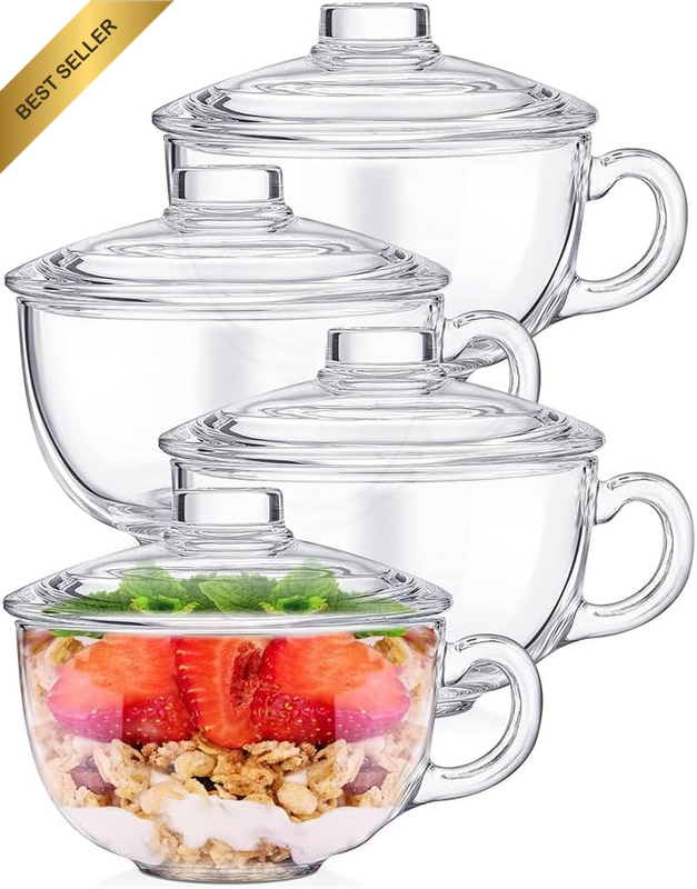 4 Pack Glass Cereal Bowls,Clear Oatmeal Bowl,With Lid and Handle,Large Capacity