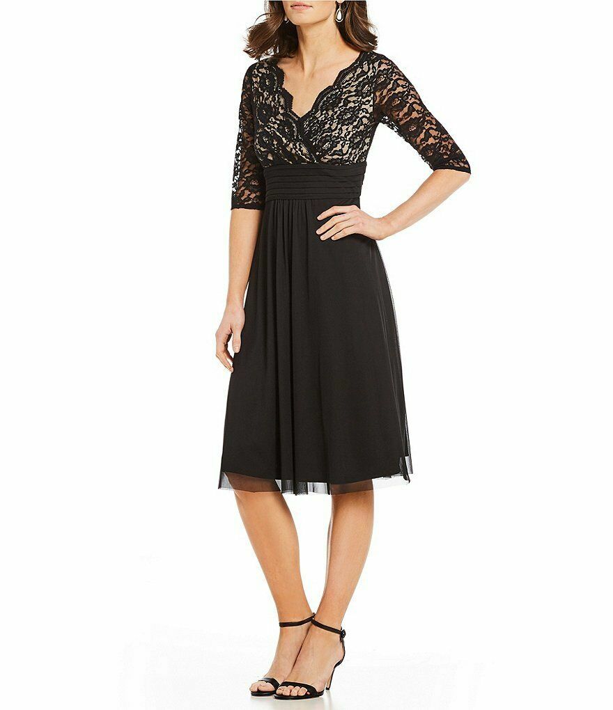 

Leslie Fay NWT ЧЕРНОЕ кружевное платье трапециевидной формы с рукавами до локтя и присборенной талией, размер, Черный, Elegant