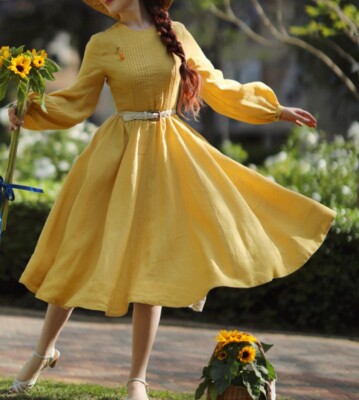 Son De Flor Classic Long Sleeve Linen Dress Womens Size Small Yellow Pintuck