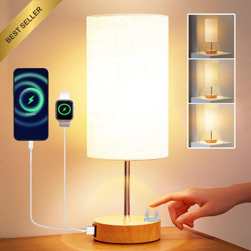 Touch Bedside Table Lamp Dual USB C+A 3-Color Dimmable Fabric Shade