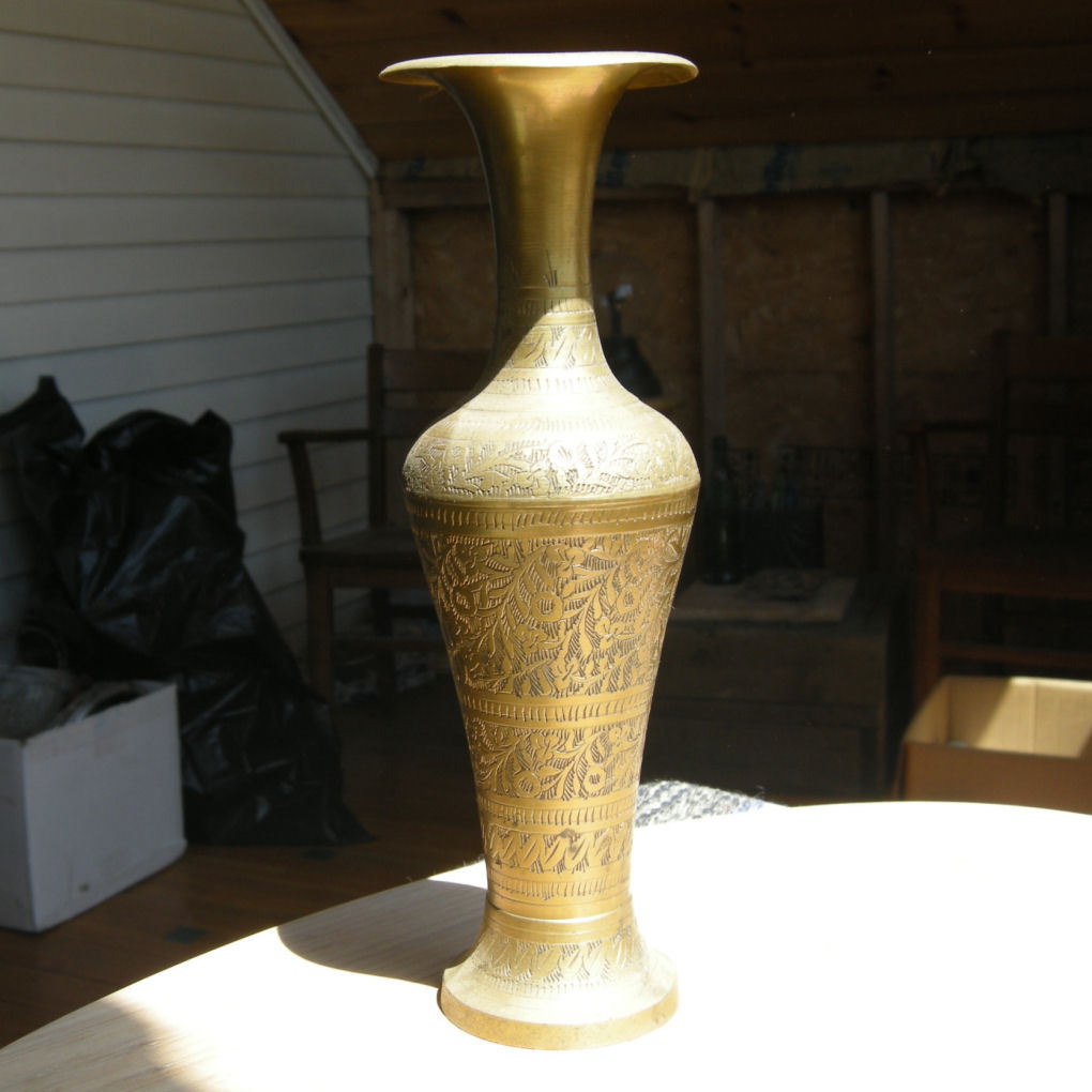 Vintage Brass Metal Flower or Stem Vase Etched Design Broad Rim 9.75 Inch Tall