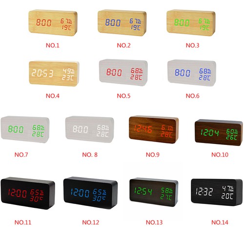 Modern LED Wooden Alarm Clock Temperature Humidity Electronic Desktop Digital