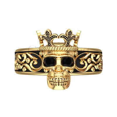 2Ct Round Black Lab Created Gothic Skull Kings Crown Ring 14K Yellow Gold Finish