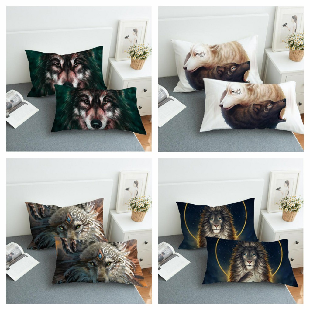 2 Standard Wolf Lion Animal Cushion Covers Pillow Case Home