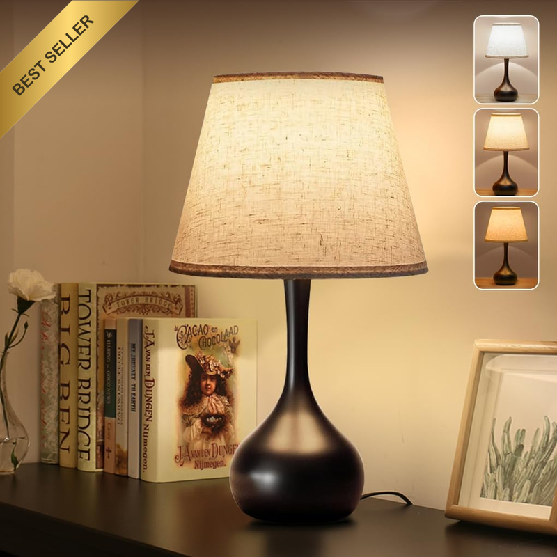 Touch Bedside Lamp 3-Way Dimmable Farmhouse Table Lamp Fabric Shade