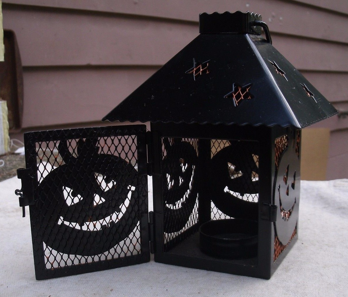 Halloween Jack o Lantern Design Candle Lantern,black metal,stars,hanging,1990s