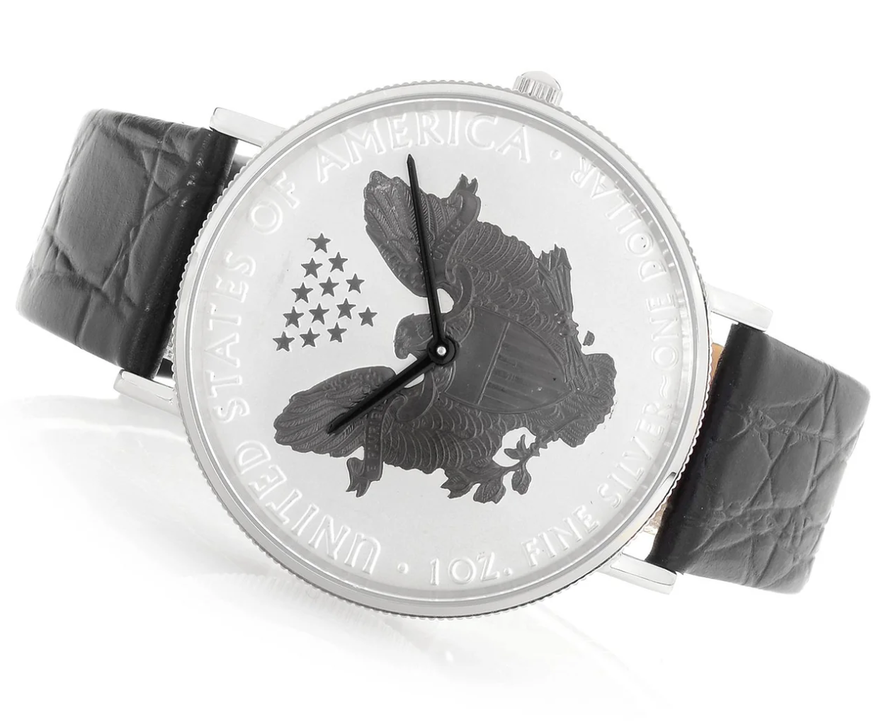 Pre-owned Croton Men's Silvertone & Black 2017 Silver Dollar Coin Watch With Leather Strap In Black And Silver Face