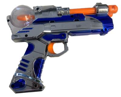GUN 写真付きピンクストラップ BLUE TWIN BARREL SPIN BALL OUTER SPACE LIGHT UP PISTOL GUN W