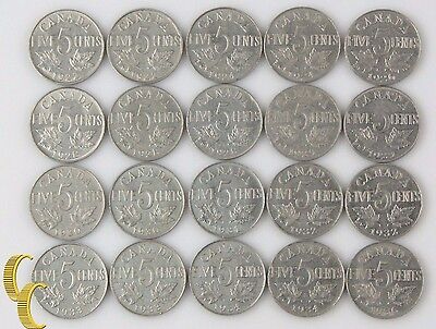 1922-1936 Canada 5 Cent Lot (Most VF-XF, 20 coin) George V Nickel Five 5c KM-29