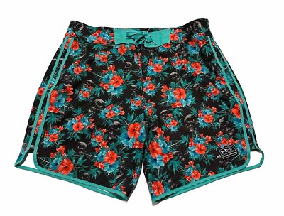 Under Armour Men s Loose Heat Gear Teal Floral Skull Swim Trunks Bathing Suit 40