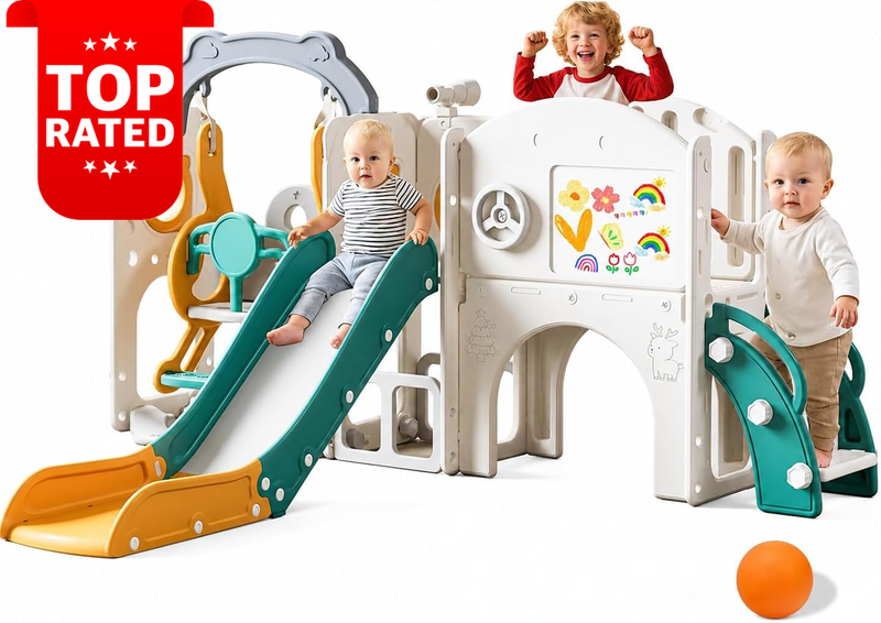 Kids 10 in 1 Slide Playset Green Tunnel Basketball Hoop Storage Fun Outdoor