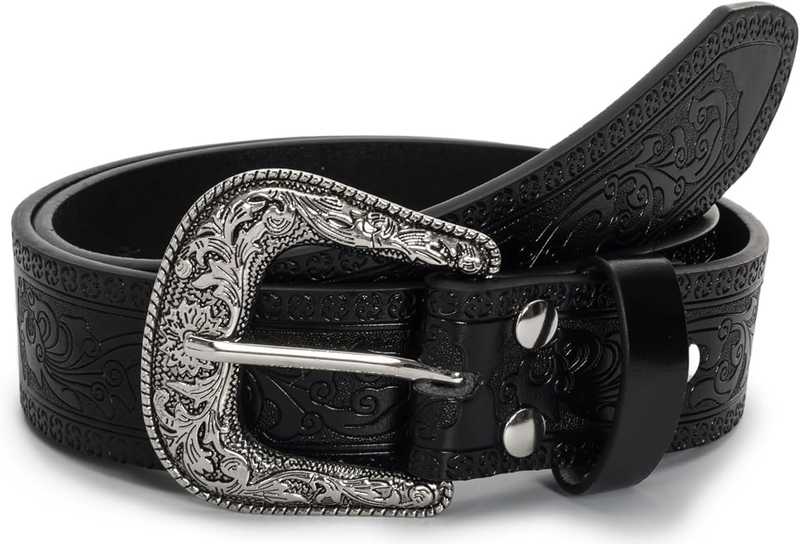Western-Cowboy-Leather-Belts Men Women Turquoise-Oval-Buckle Embossed Belt