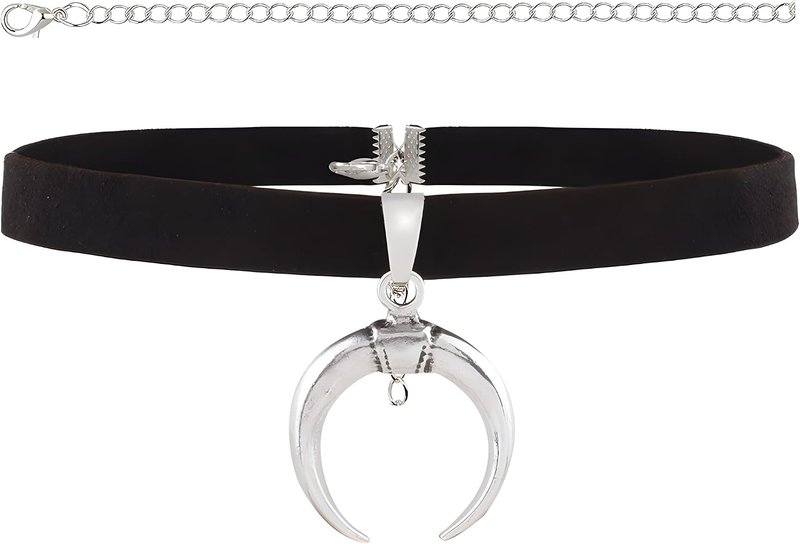 Crescent Moon Choker Necklace Black Suede Cord Silver Pendant Celestial Boho