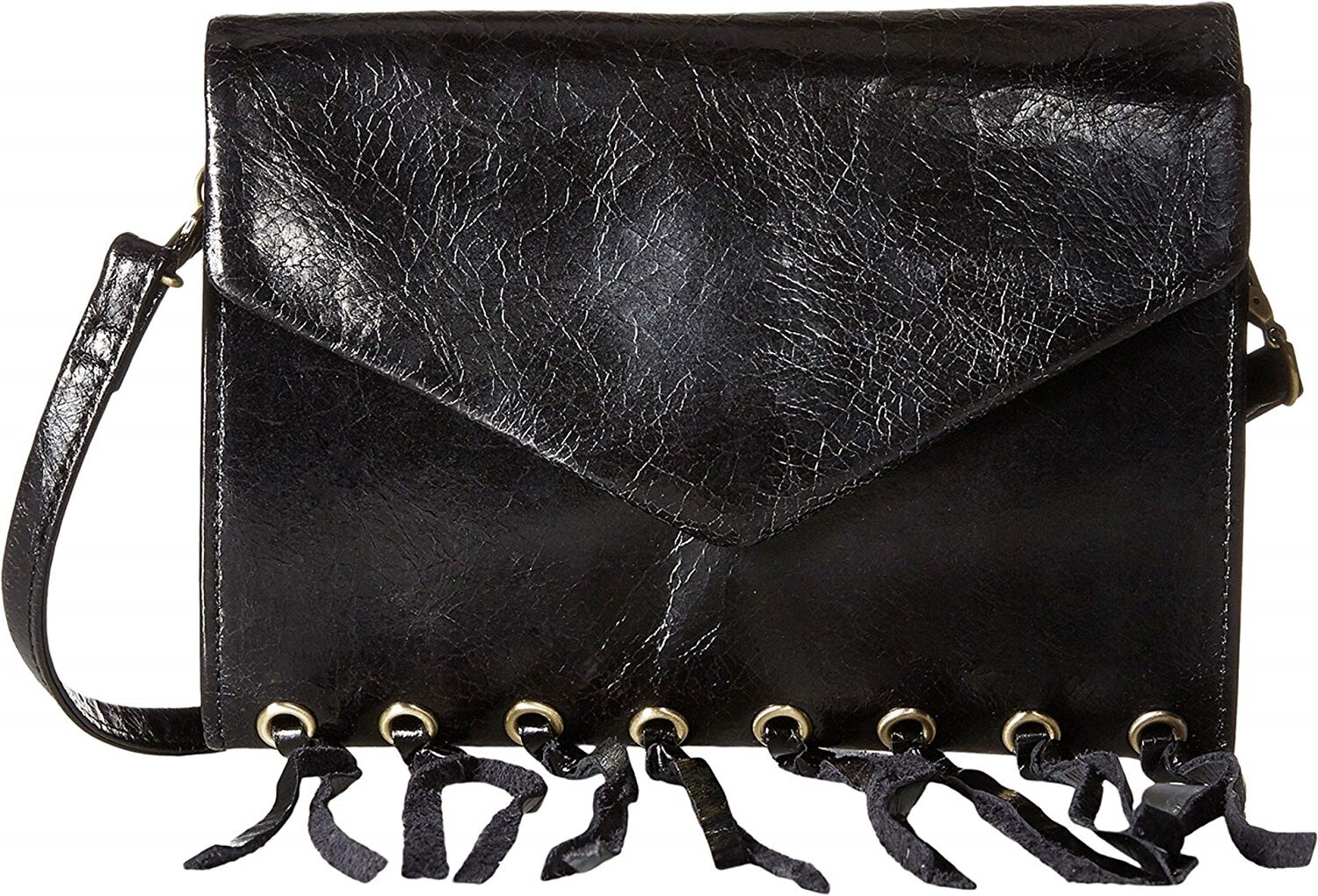 Hobo 170849 Womens Maisy Glazed Leather Fringe Crossbody Bag Black Size Mini
