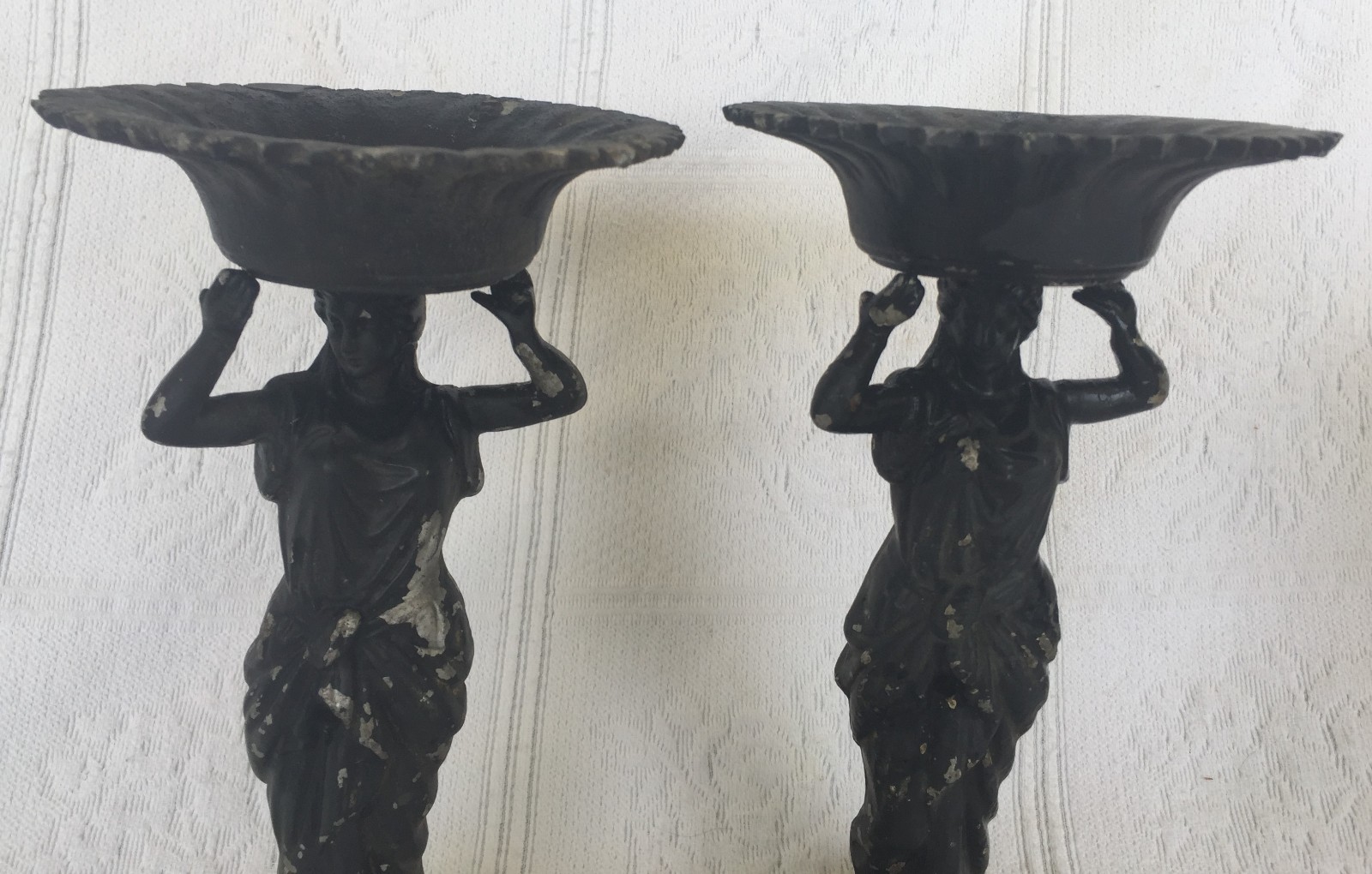 ANTIQUE ART NOUVEAU DECO MAIDEN WITH BOWL  IRON  CANDLE HOLDERS