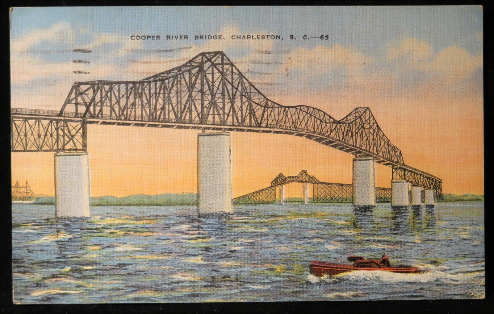 Cooper River Bridge Charleston SC Vintage Linen Postcard 1938 VG