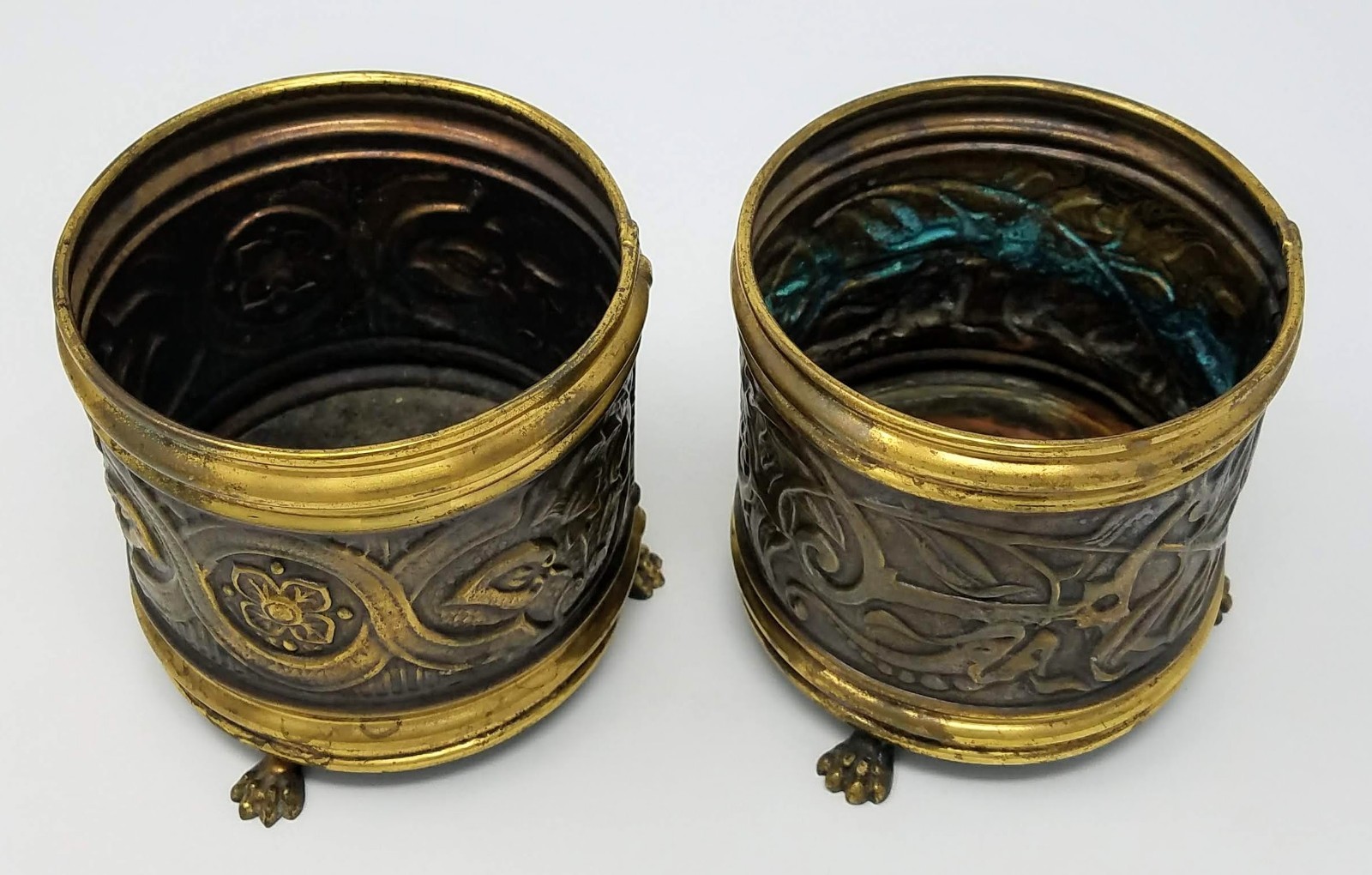 Antique - Hand Embossed Copper Planter x2 - Repousse Brass Bin - Made in Belgium