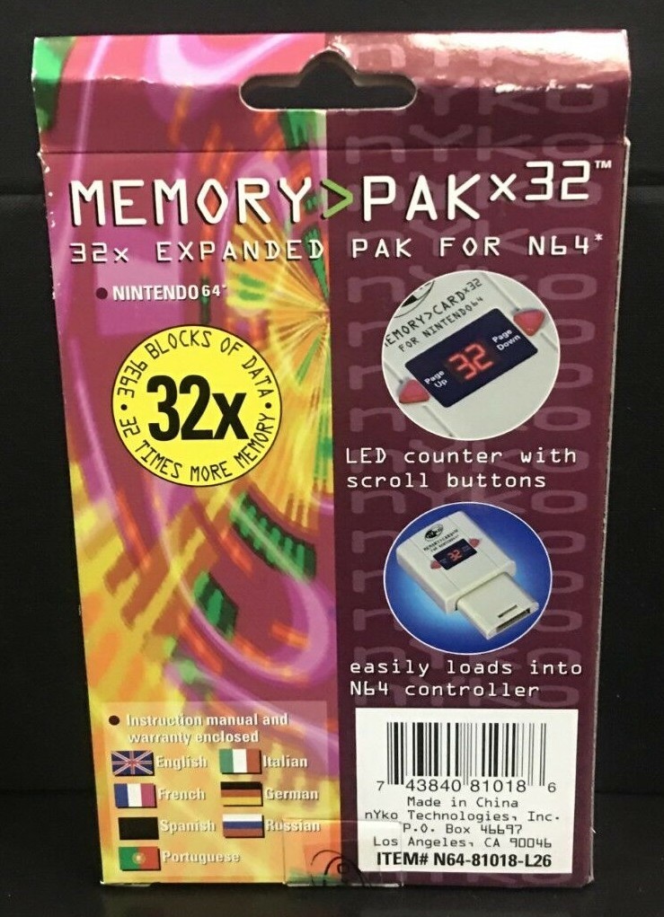 Nyko Nintendo 64 MEMORY PAK X 32 New, Factory Sealed controller card pack n64