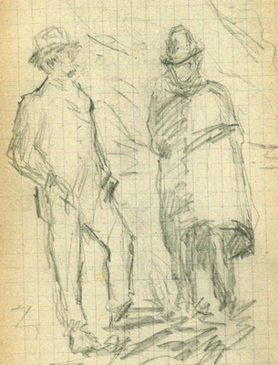 Men People Hat Sketch - Drawing Antique Pencil Original Artwork Signed