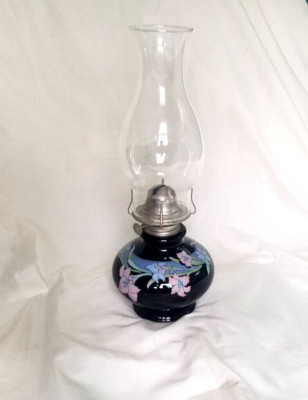 Kaadan Painted Japanese Flower Glass Kerosene Oil Hurricane Lamp Art Deco 80s