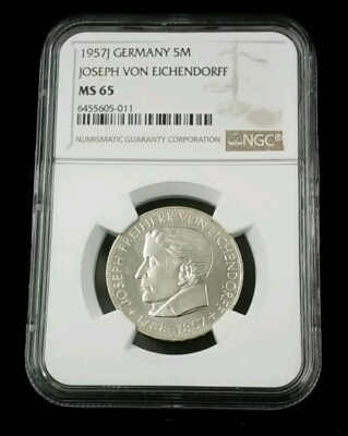  1957J GERMANY 5M JOSEPH VON EICHENDORFF NGC MS65 #1917
