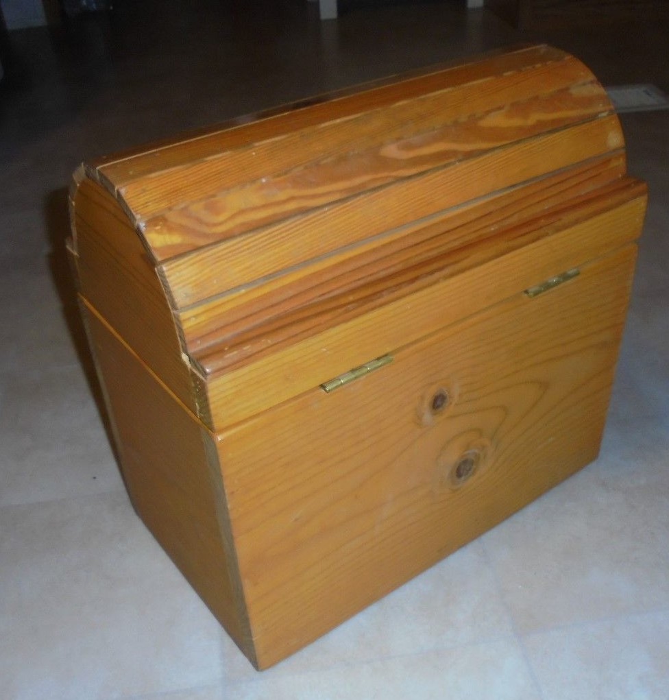 Vintage pine handmade file box, treasure chest trunk 8-3/4 x 15 x 14-3/8 tall