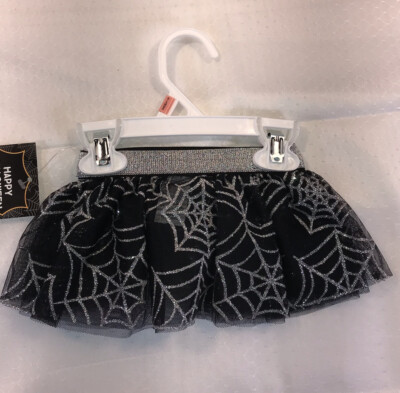 Baby Girl Halloween Spider Web Skirt Black Tulle Silver Glitter Tutu 0-3 M NEW