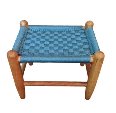 Vintage Hand Woven Blue Rope Macrame Footstool Ottoman Plant Stand Boho MCM