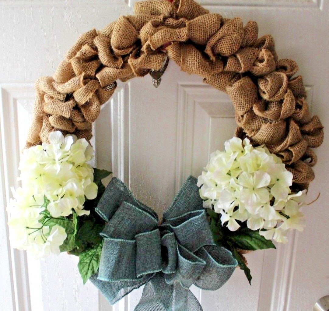 Burlap Wreath, White hydrangea Green bow Year Round Burlap 24