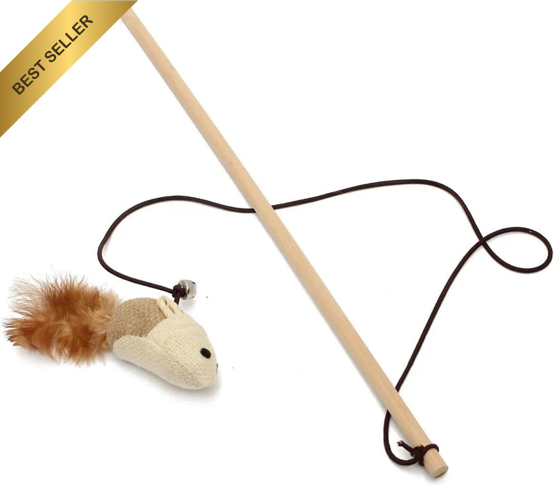 Cat Teaser Wand Toy Bell Feather Mouse Ball 40Cm Wooden Stick Brown Beige Durabl